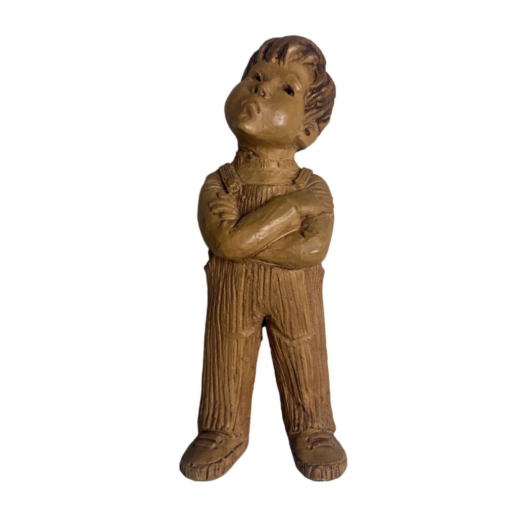 LEE BORTIN Original Signed Clay Sculpture Boy w/ Crossed Arms & Overalls - 9"